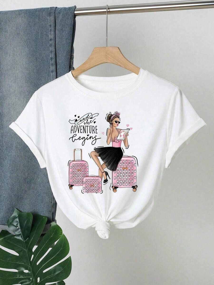 Camiseta con Estampado, Cuello Redondo Casual, Manga Corta, Adecuada para Primavera y Verano, para Mujer, Blanca, 100% Algodón - Blanco - Ver 1