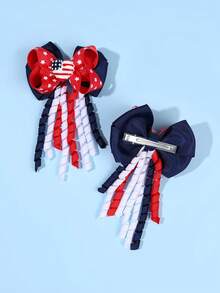 2pcs/Set 4th Of July Heart-Shaped American Flag Tassel Bow Hair Clips, Star Pattern Tassel Hair Clips, Memorial Day Bow Hair Pins, Independence Day Holiday Hair Accessories, Patriotic Hair Decorations, Independence Day Women Hair Clips - Multicolor - View 5