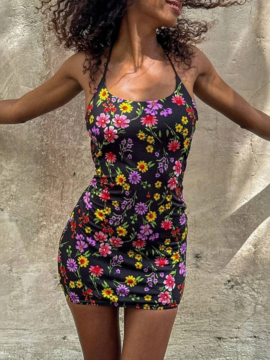 Kliou-minivestido con estampado de flores para mujer, minivestido cruzado con cuello bajo, Espalda descubierta, sin mangas, ajustado, color melocotón, estilo callejero - Negro - Ver 1