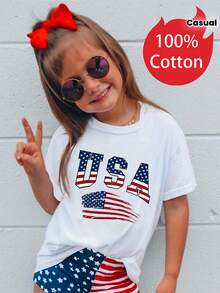 Independence Day 1pc New Summer Girl Usa Flag Print On Shirt Short Sleeved 100% Cotton T-Shirt Comfy Casual Tees For Girls Boy T-Shirts Boy Clothes Girl Clothes Graphic Tee - 白色 - 查看 7