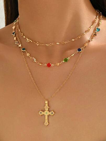 A Set Of 3 Stylish And Versatile Cross Pendant Necklaces. They Are Retro And Luxurious, Adorned With Colorful Rhinestones, And Are Handcrafted Chains. These Popular Women's Jewelry Pieces Are Suitable For Daily Wear And Decoration. The Colors And Quantities Of The Colorful Rhinestones Are Random And Not Fixed.