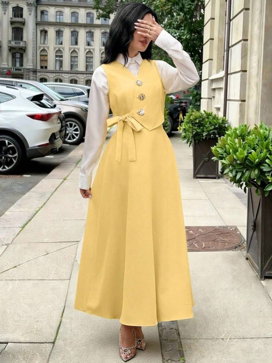 女士纯色扭结设计单排扣西装外套、马甲和半裙两件套，适合毕业典礼、办公室穿着和休闲度假。 - 黃色 - 查看 1