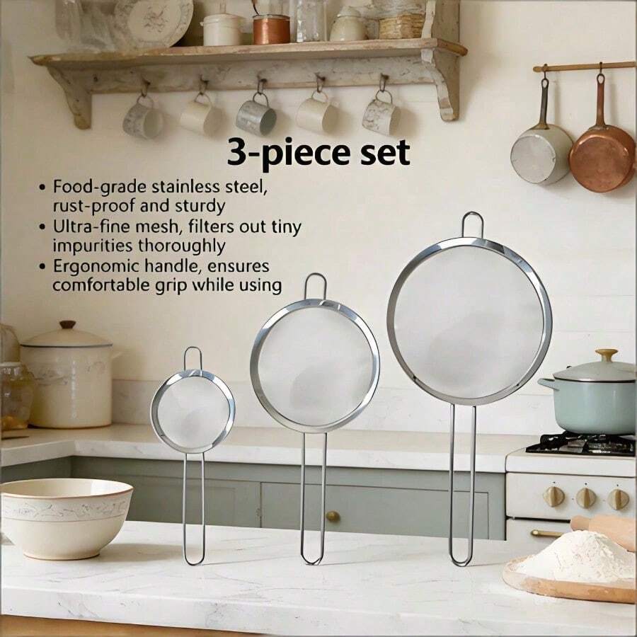 Mainstays 3 Pack Premium Stainless Steel Fine Mesh Strainers 4", 6", And 8", Silver - View 1