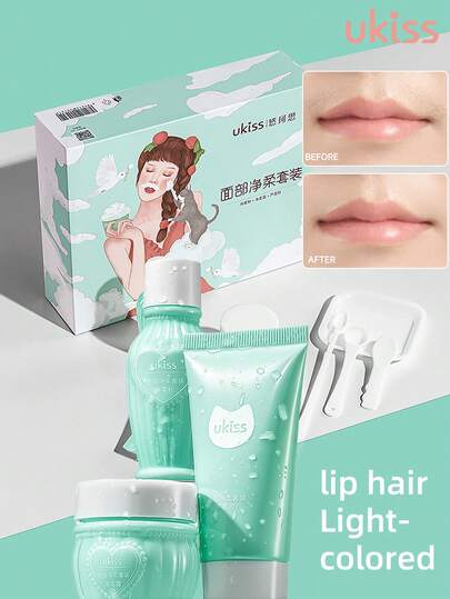 ukiss Bộ tẩy lông môi nhẹ nhàng 20g+30g+35ml, gồm 1 gel lô hội (dùng làm lớp lót và dưỡng ẩm sau khi tẩy) + 1 bột tẩy và 1 kem (trộn đều trước khi sử dụng), làm sáng lông môi nhẹ nhàng, mịn màng và không để lại vết thâm, tẩy lông không đau và nhẹ nhàng, làm sáng màu chính xác, làm dịu và bảo vệ da, giúp lông môi có màu sáng hơn.