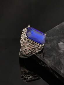 Men's Vintage Carved Blue Gemstone Inlaid Alloy Ring, Gothic Style Personalized Accessory, Suitable For Daily And Party Wear - Steel Ring - View 5