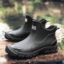 中性舒適防水短靴，易穿脫繫帶設計，多功能雨靴，防水防滑耐用，適合工作、釣魚與戶外活動 - 黑色 - 查看 2