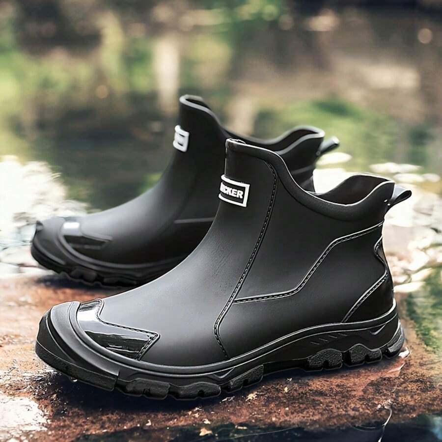 中性舒適防水短靴，易穿脫繫帶設計，多功能雨靴，防水防滑耐用，適合工作、釣魚與戶外活動