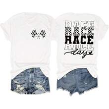 1PCS[OEM]Race Day Shirts Flag Racing Outfits Women Funny Racing Flag Shirts Short Sleeve Tops - White - View 1