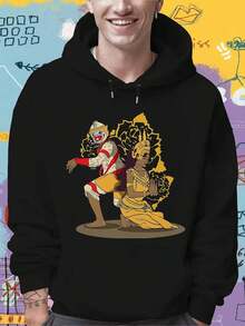 Maglione con cappuccio tradizionale cambogiano da uomo | Maglione ampio con disegni del tempio di Angkor Wat e Bayon, lavabile in lavatrice, caldo per l'inverno, stampa grafica con patrimonio culturale, tessuto con media elasticità, adatto per eventi a tema e uso quotidiano. - nero - Visualizzare 1