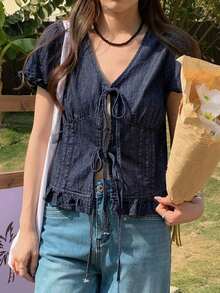 Blusa corta de manga corta azul marino con lazada frontal y dobladillo deshilachado – Estilo romántico para primavera/verano, ideal para San Valentín y bodas - Azul - Ver 2