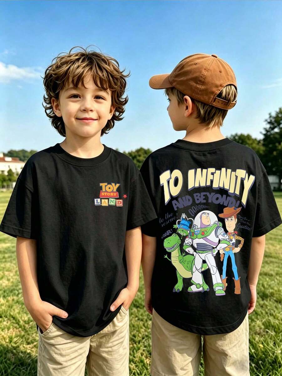 Disney Una pieza de camiseta de cuello redondo de algodón para niños, casual y cómoda, con estampado de coche para primavera y verano de manga corta - Negro - Ver 1