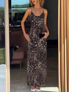 Spaghetti Strap Backless Leopard Print Fitted Long Dress Elegant Vacation Party Black - Black - View 3