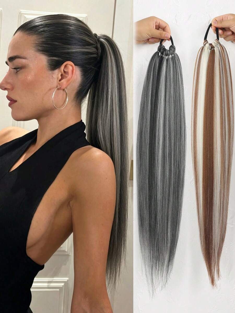 26" Long Synthetic 6-Strand Golden Highlights/Black Blonde Highlights Straight Soft Natural Ponytail Ponytail Extensions Elastic Band Wrap Around Straight Ponytail Extension For Women