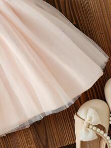 少女时尚休闲可爱套装，碎花领短袖上衣+双层网纱裙 - 杏色 - 查看 5