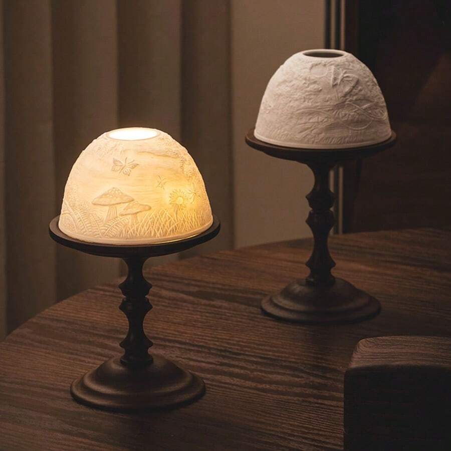 1 Set Vintage Walnut Wood Candle Holder With Ceramic Bone Translucent Shade, Decorative Scented Candle Holder For Romantic Dining Table, Cabinet, Outdoor Gathering, Luxury Creative Wooden Candle Holder For Home Use - Brown - View 1