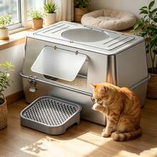 Stainless Steel Cat Litter Box With Lid, XL Large Enclosed Cat Potty With Non-Stick & Leakproof Design, High-Sided Odor Proof Litter Box For Big Cats, Includes Scoop - XL - View 1