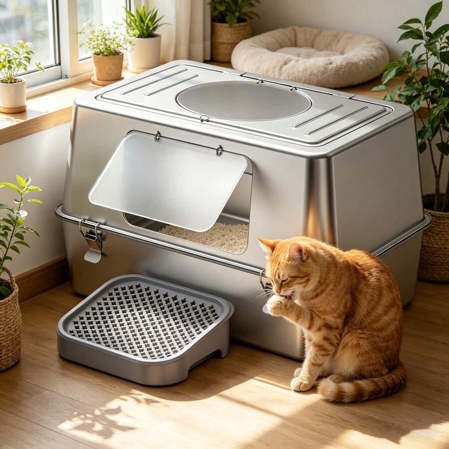 Stainless Steel Cat Litter Box With Lid, XL Large Enclosed Cat Potty With Non-Stick & Leakproof Design, High-Sided Odor Proof Litter Box For Big Cats, Includes Scoop - XL - View 1