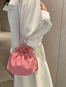 Cute Pink Ruched Drawstring Bucket Bag, Soft Cloud-Like Texture Mini Drawstring Pouch, Versatile Casual & Date Daily Wear Shoulder/Crossbody Bag For Girls - Pink - View 7