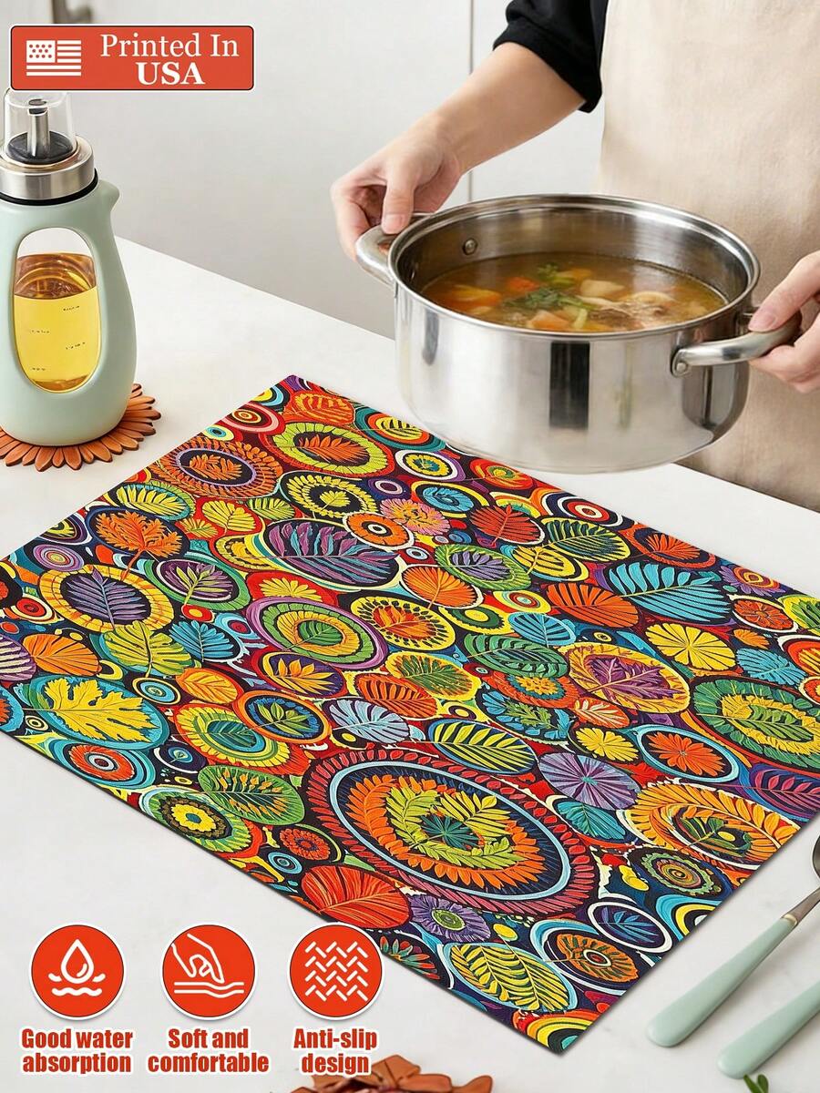 Colorful Tropical Leaf Print Non-Slip Absorbent Kitchen Mat - Heat-Resistant Countertop Protector, 2D Flat Drying Mat, Local Printed Kitchen Utensil Drainage Mat, Home Decor, Coffee Bar Station, Kitchen Decor, Coffee Mat, Kitchen Essentials, Laundry Room Accessories, Draining Mat, Courtyard Table Decoration, Perfect For Party, Mother's Day, Father's Day, Graduation Gifts - 多色6 - 查看 1