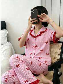 Dreamivo 2pcs Women Pajama Set, Pink Striped Floral Print Ruffle Trim Short Sleeve Top And Pants Sleepwear Set, Lapel Collar Comfortable Soft Short Sleeve Button-Up Shirt And Elastic Waist Pants, Casual Loungewear - Pink - View 5