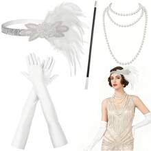 4er Set 1920er Kostüm & Accessoires inklusive Kopfschmuck, Halskette, Handschuhe und Handaccessoire, Damen 1920er Stil Kostüm & Accessoires Kombination für Maskenball, Hochzeit und verschiedene Partyanlässe - C - Übersicht 3
