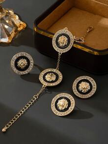 1 Set Women's Fashion Sparkling Geometric Round Handmade Drip Oil Rhinestone Lion Head Earrings, 1 Ring, 1 Bracelet, Suitable For Holiday Gifts (No Gift Box) - Yellow Gold - View 1