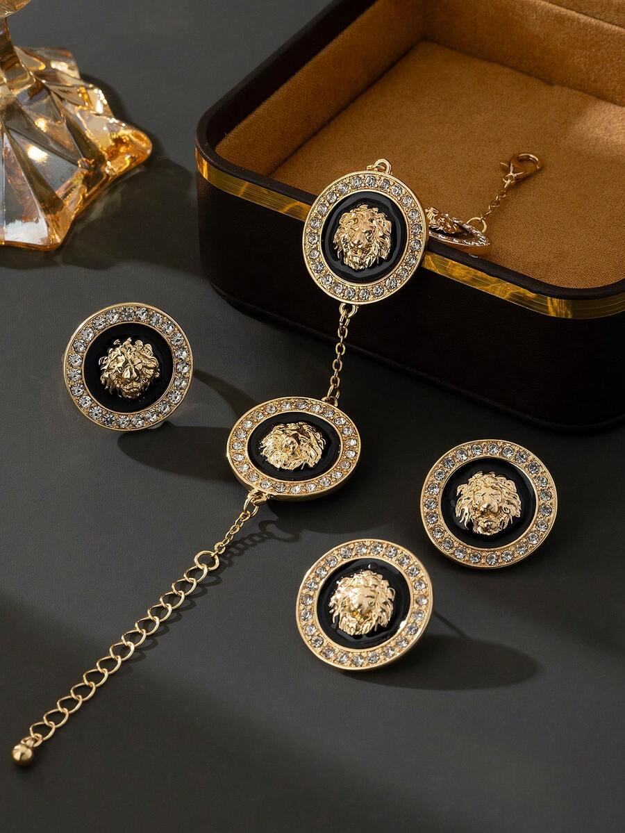 1 Set Women's Fashion Sparkling Geometric Round Handmade Drip Oil Rhinestone Lion Head Earrings, 1 Ring, 1 Bracelet, Suitable For Holiday Gifts (No Gift Box) - Yellow Gold - View 1