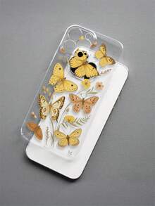 1 pieza Funda de teléfono transparente y suave de TPU con diseño pintado minimalista y de moda con flor amarilla, mariposa y hoja, que protege contra caídas, arañazos y huellas dactilares, y protege la lente de la cámara, compatible con Apple, Nothing, Pixel - Multicolor - Ver 7