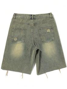 American Retro Distressed Frayed Denim Shorts, Men's Loose Straight LegBermuda Shorts - Yellow - View 6
