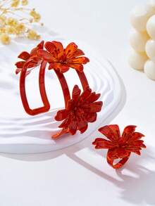 Bộ 2 món gồm vòng tay và nhẫn mặt dây chuyền hình hoa bằng kim loại tráng men thời trang, phù hợp cho nữ giới đeo hàng ngày, đi nghỉ mát và dự tiệc. - Đỏ - Xem 3