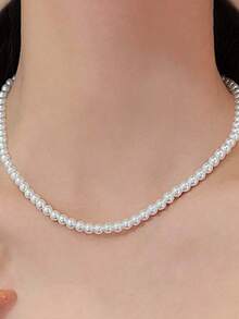 1pc Vintage Minimalist French Style White Faux Pearl Necklace, Daily Accessory For Girls - White - View 3