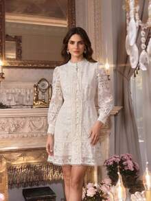 Đầm nữ cao cấp mùa xuân với cổ áo thêu hoa thanh lịch, sang trọng. - Màu be - Xem 4