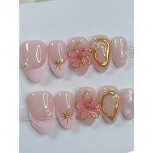10pcs Pink Gilded Floral Y2K Style Nail Stickers, Almond-Shaped Short French Soft Girl Cute Tiny Flower Nail Art, Minimalist High-End Handmade Nail Decals, Suitable For Daily Wear, Press-On Nails, Nail Art Supplies Handmade Press On Nails - 粉色 - 查看 4