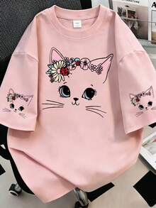 Cute Cat & Floral Print Round Neck T-Shirt, Casual Plus Size Women Summer Top With Short Sleeve, Suitable For Daily Wear, Beach, Vacation Pink - Pink - View 4
