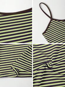 Vaiaye Women's Fashion Lingerie Style Top, Summer Striped Print Round Neck Slim Fit Casual Vacation Sexy Camisole, Suitable For Autumn Back To School, Beach And Daily Wear - Green - View 11