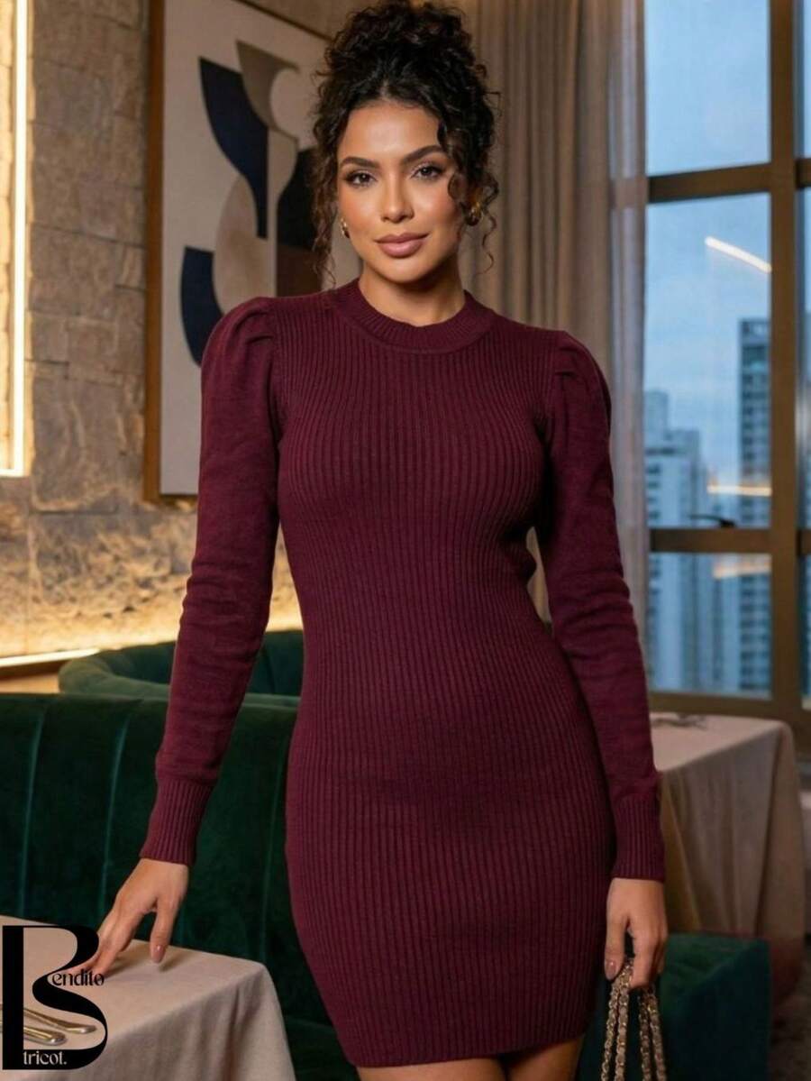 Women's Ribbed Knit Dress, Long Sleeves, Round Neck, Shoulder Detail, Winter Fashion - Redwood - View 1