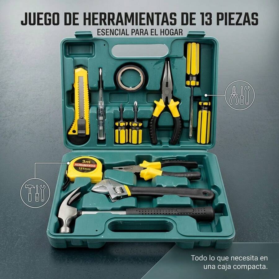 Juego de 12 Herramientas Multifuncionales para el Hogar, Herramientas de Reparación Completas con Manual, Kit de Herramientas Esenciales para el Hogar