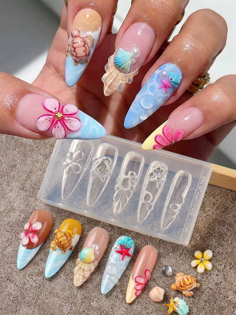 海洋主題蘭花櫻花花卉矽膠美甲印花板 海龜海星貝殼泡泡美甲雕花模板 夏季海灘度假凝膠指甲油印刷美甲印花模具美甲工具 - 無色 - 查看 1