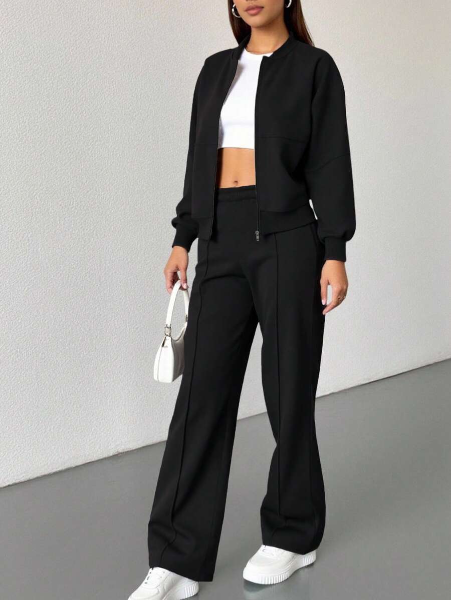 2pcs Solid Color Casual Zip-Up Hoodie, Women Sweatshirt For Sports, Home, Office, Street Wear, Spring/Autumn/Winter Black - Black - View 1