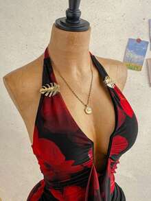 Vestido mini casual de vacaciones para mujer con escote en V profundo, cuello halter con lazo, y drapeado.Adecuado para la playa, cruceros y festivales de música en verano - Negro - Ver 3
