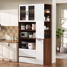 Highboard With Adjustable Shelves And Drawers, Sideboard With Pull-Out Shelves And Ribbed Glass, Ideal For Dining Room, Living Room And Kitchen (White+Walnut) - 白色 - 查看 3