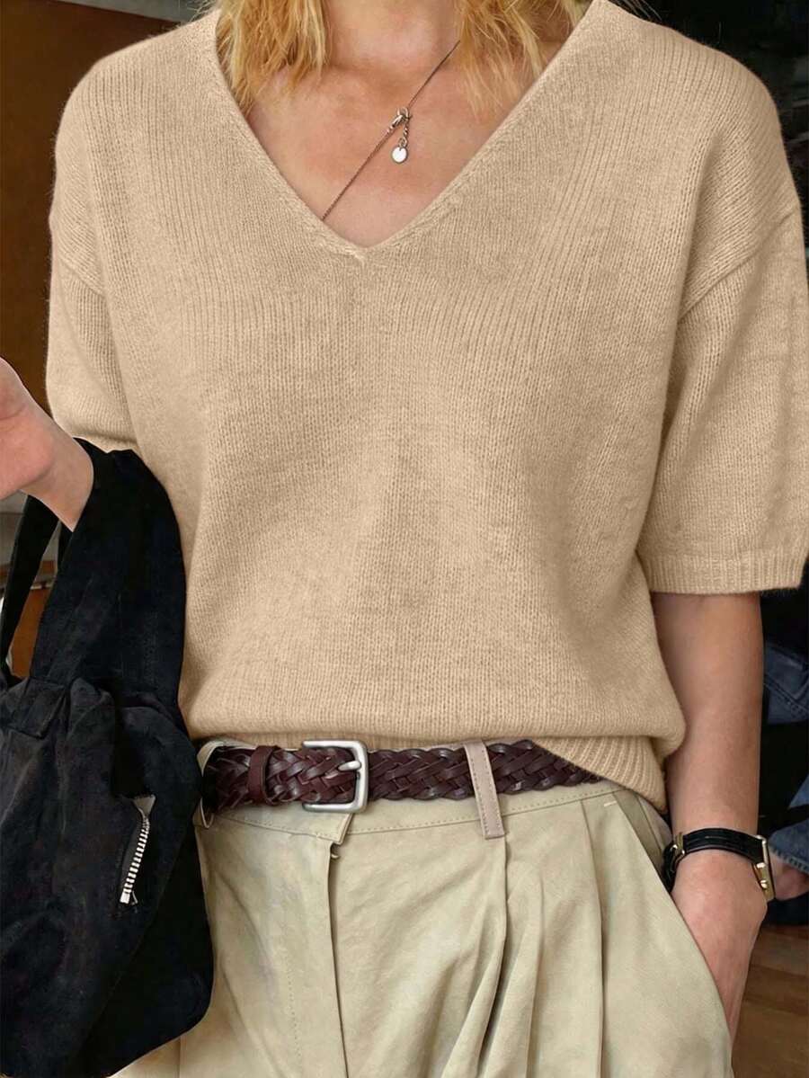 休閒女款米色針織V領毛衣,短袖標準長度套頭衫,適合秋季舒適穿著 - 卡其色 - 查看 1