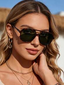 1 Set New Aviator Fashion Women's Glasses, Full Frame, Elegant Style, Metal Temple Combination, Minimalist Design, Valuable Set, Suitable For Elegant Summer Beach Vacation, Outdoor Activities And Travel - Leopard - View 1
