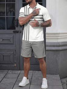 Men's Striped Print Short Sleeve Polo Shirt And Shorts Set, Casual Everyday - Multicolor - View 3