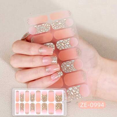 Coral Pink Nail Stickers, Waterproof Nail Art Decals, Solid Color, Green Onion Pink, Gradient Ombre Full Nail Wraps