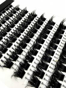 16 Rows Natural Curly Japanese 200D Faux Mink Lash Clusters, Fluffy Lash Clusters With Base, 240pcs Single Lashes, 10-18mm Length, DIY C/D Curl, Home Eyelash Extension - Hitam - View 3