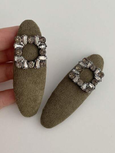 1pc Vintage Olive Green BB Clip, Fashion Gray Square Crystal Side Bangs Clip For Women