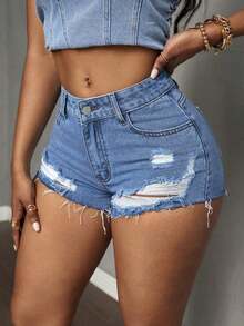 Women's Pocket Distressed Frayed Hem Slim Fit Casual Versatile Denim Shorts - Giặt vừa - Xem 4