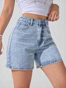 Shorts vaqueros casuales y versátiles de unicolor para mujeres - Lavado ligero - Ver 7