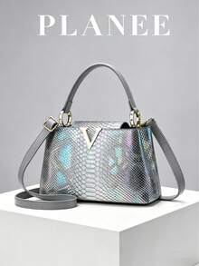 [PLANEE] Designer Retro Iridescent Women's Handbag, Hardware Accessories, 2-Way Tote Shoulder Crossbody Commuter Bag - Light Grey - View 8